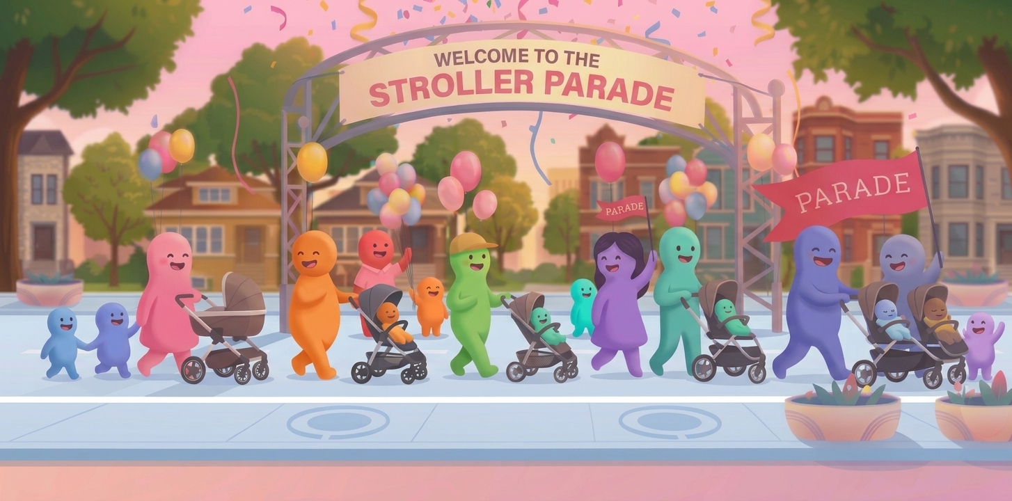 Neighbors walking strollers under a 'Welcome to the Stroller Parade' banner